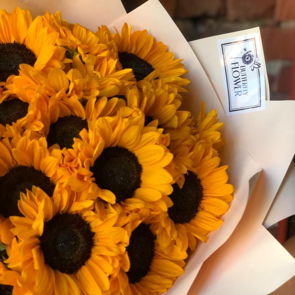 Букет из 19 подсолнухов в стильной упаковке 